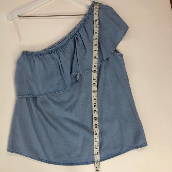 7 For All Mankind One Shoulder Ruffle Chambray Top - Picture 5 of 7